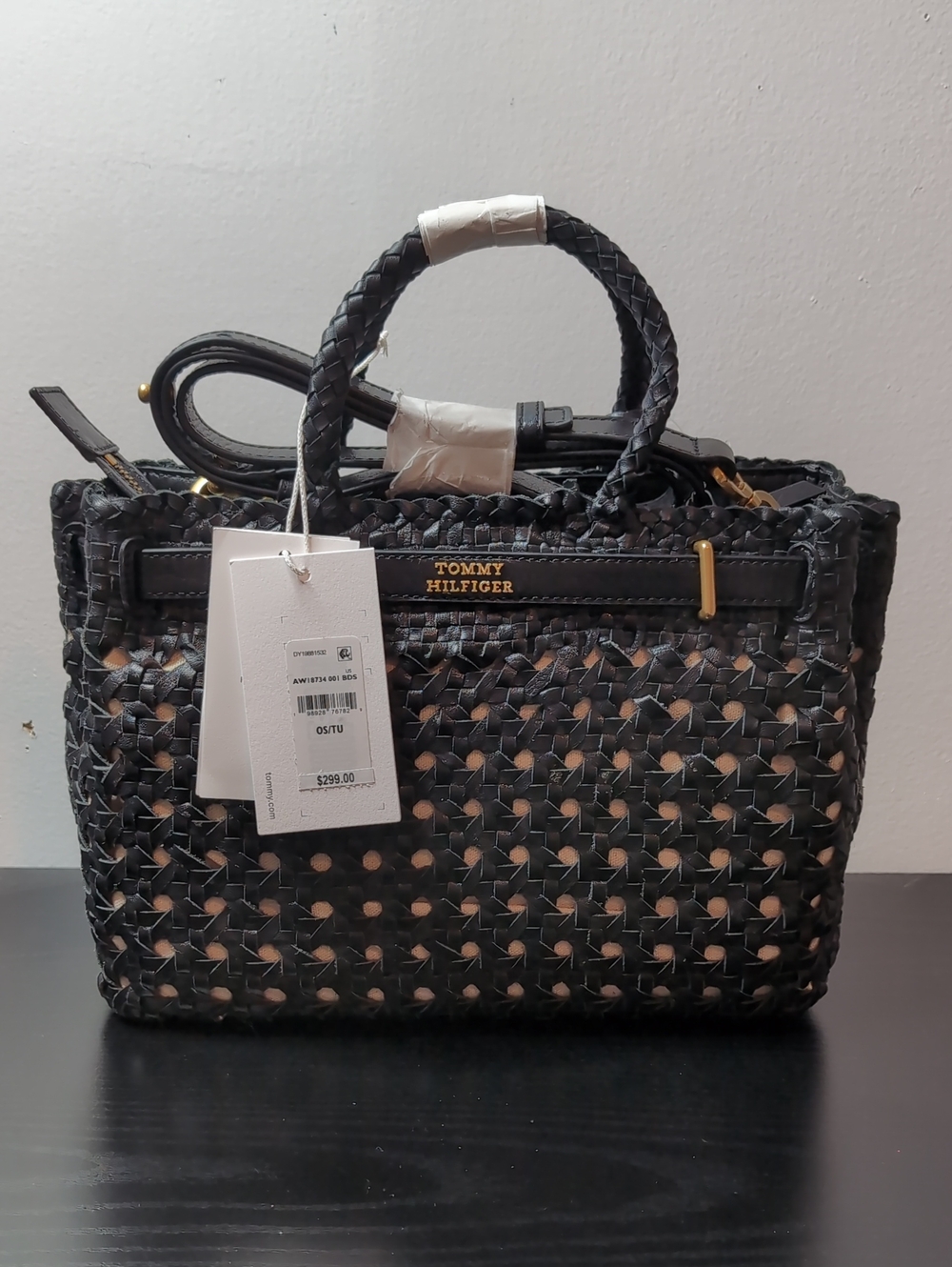 Tommy Hilfiger Black Woven Tote Icon Small Leather Bag Purse With Padlock